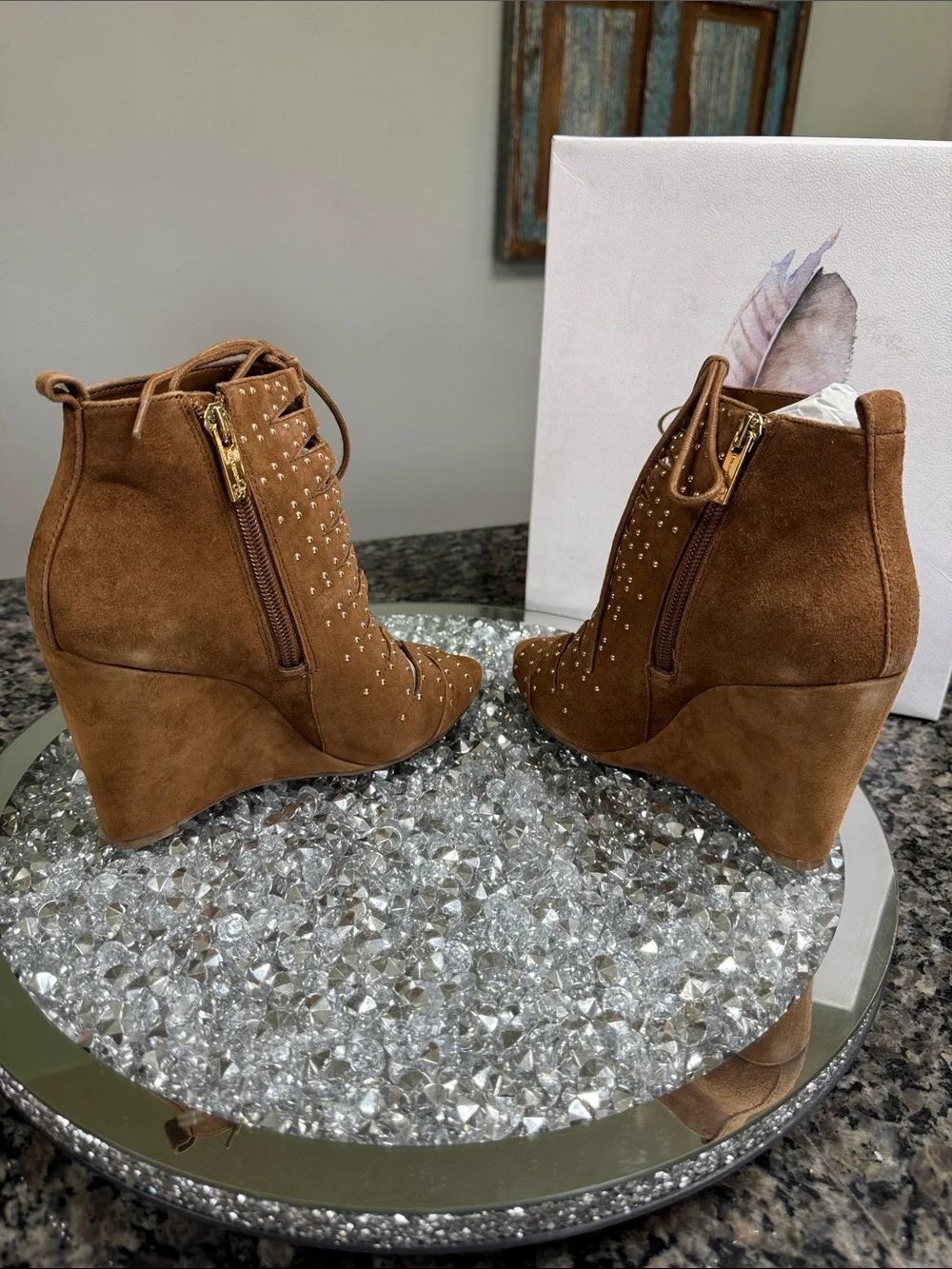 Jessica Simpson Brown Suede Lace-Up Studded Wedge Sandals NEW 6.5